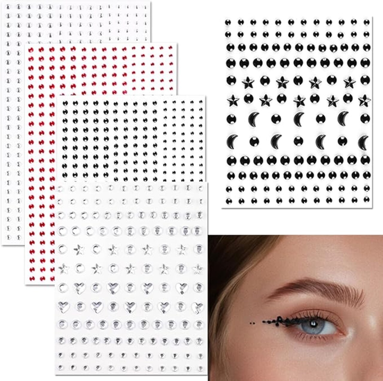 5 Sheets Black, Red, and Clear Face Gems – Self-Adhesive Rhinestones for Halloween Makeup, Tiny Face Jewels for Eyes, Body, Hair, Nails, Crafts, and DIY (2, 2.5, 3, 4, 5mm)